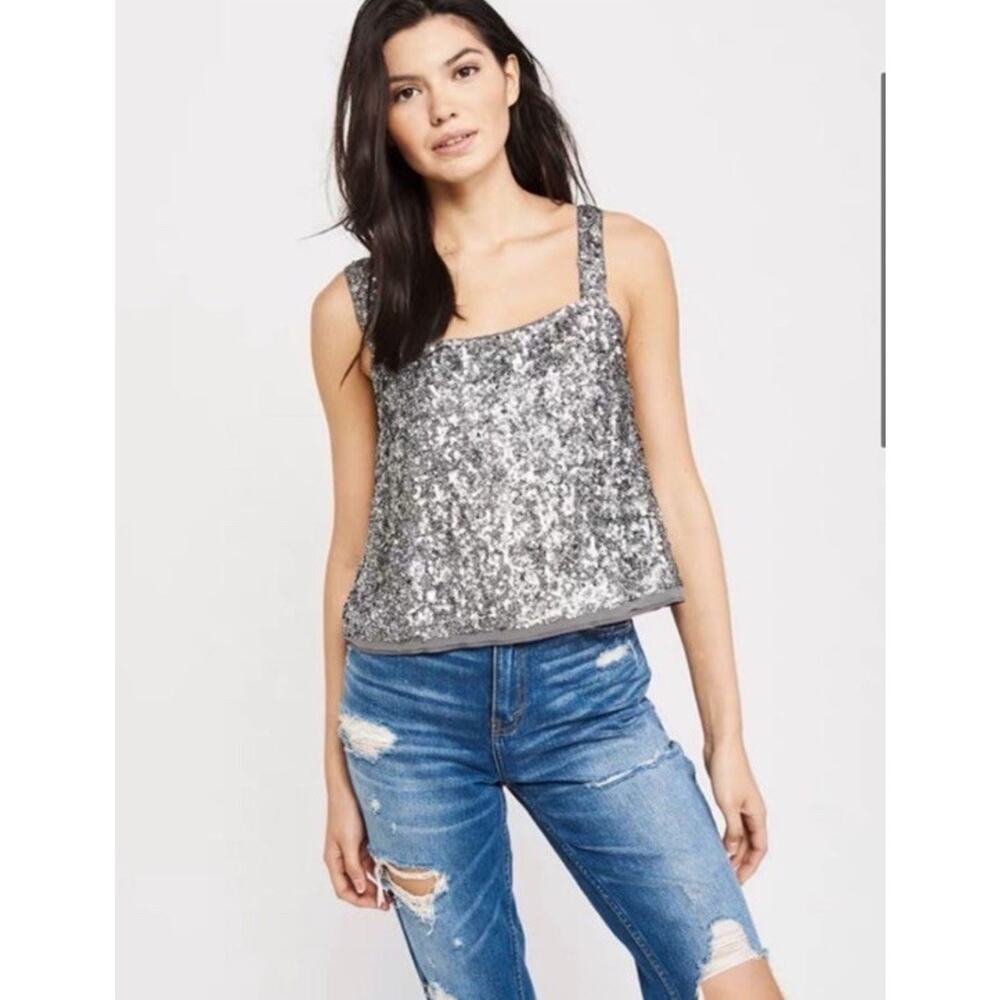 Abercrombie & Fitch Sequin Cropped Tank Top XS Silver Open Back Sparkly